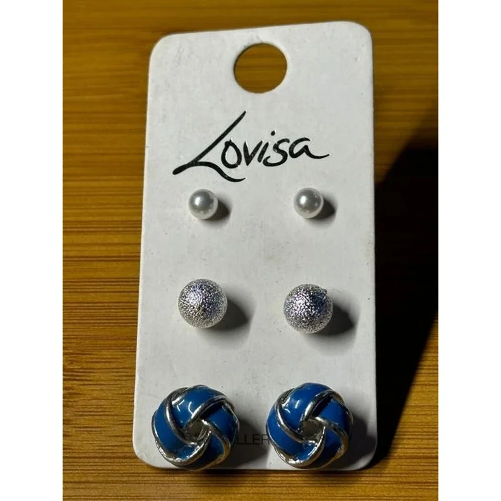 Lovisa 3 Pair Stud Earring Set Pearl Glitter Ball Knot Silver Tone Style New